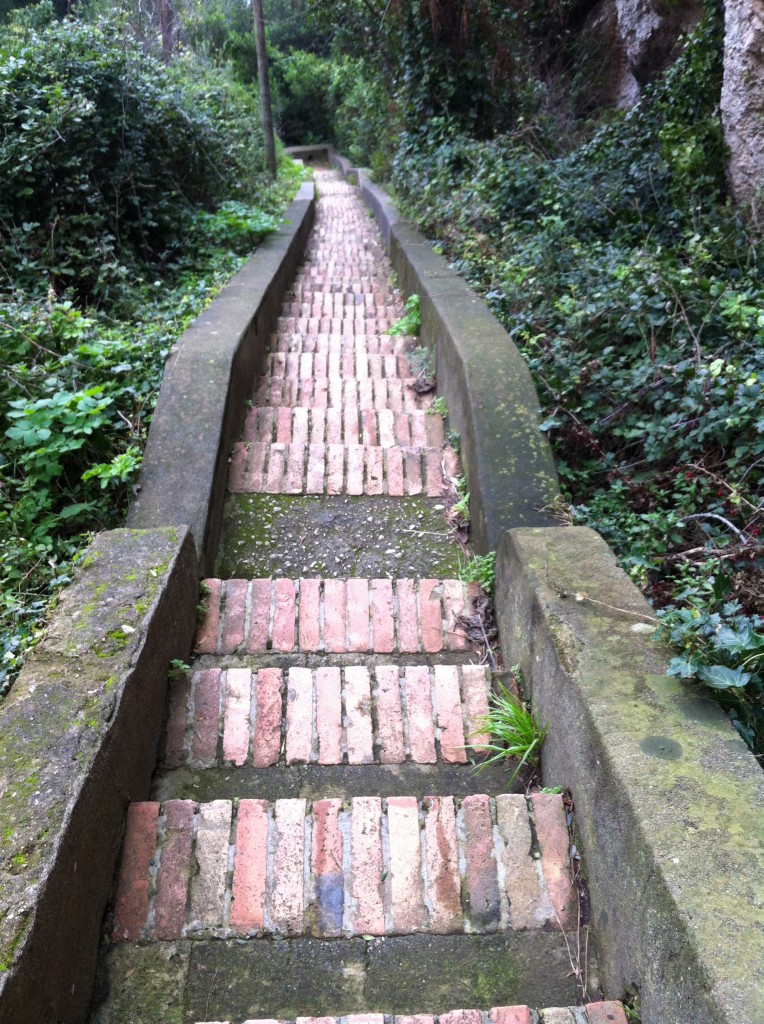 Looking down long outdoor staircase