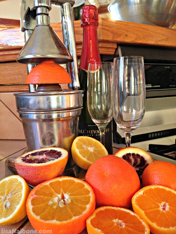 Citrus, juicer, chapagne flutes and bottle of champagne. Happy New Year LisaNalbone.com